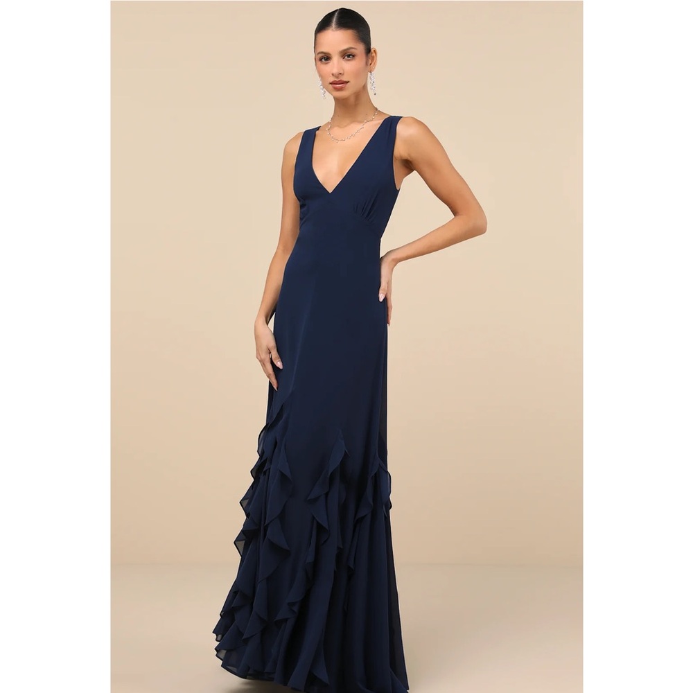 Lulus Alorna Dark Navy Sleeveless Ruffled V-Neck Woven Chiffon Maxi Dress